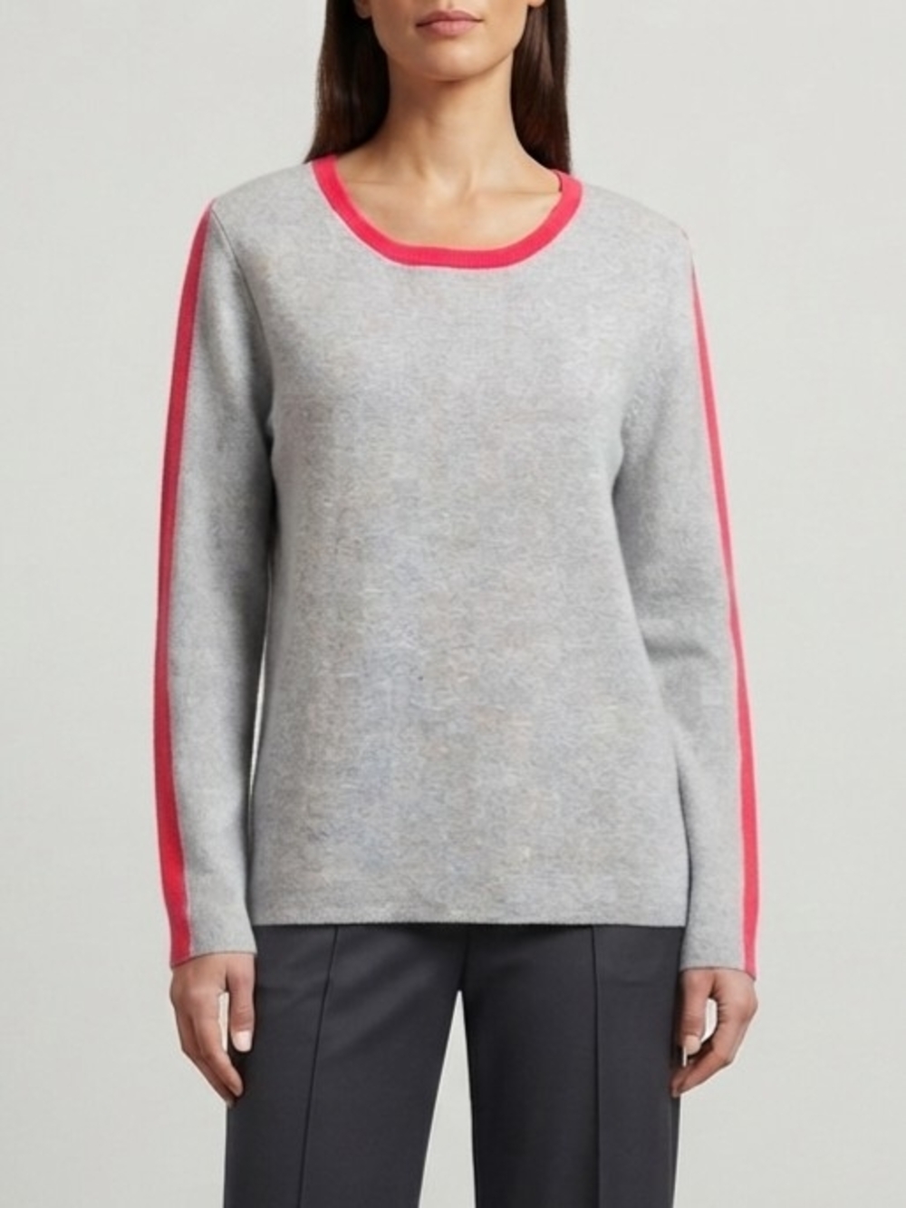 Max Studio Gray Crewneck Sweater with Red Trim and Sleeve Stripe Size Med